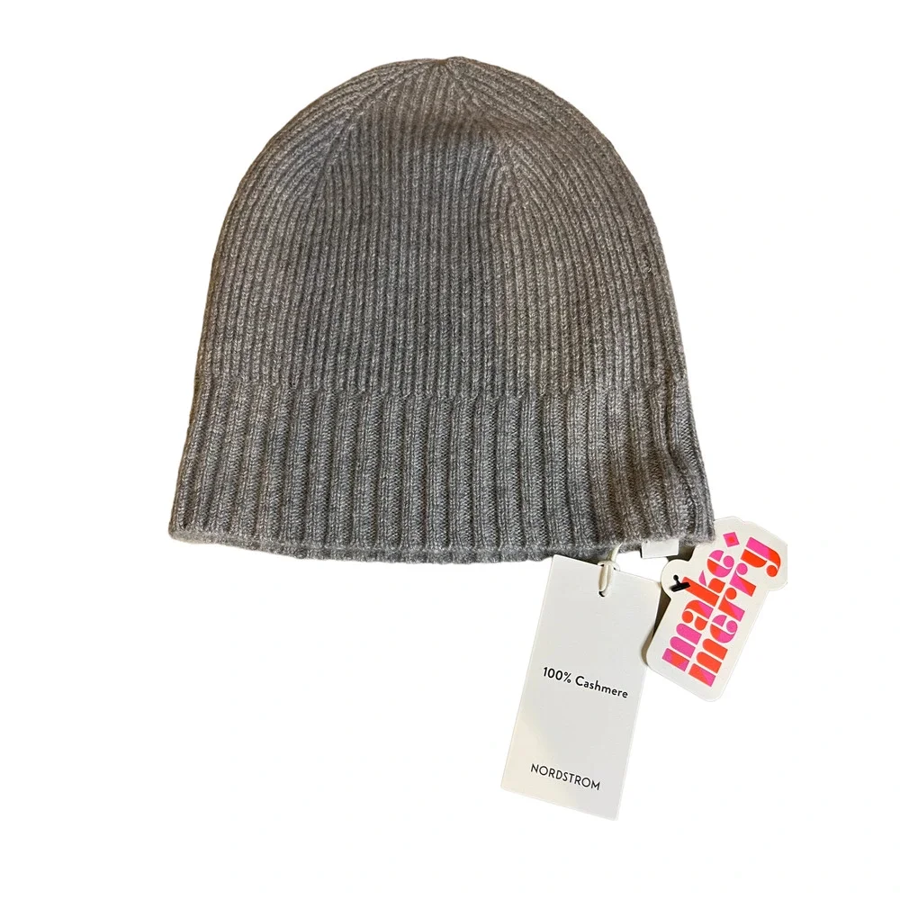Nordstrom light gray heather cashmere beanie hat